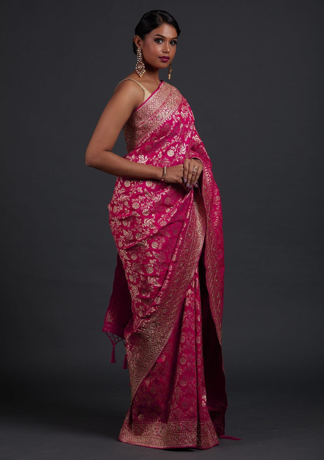 Rani Pink Stonework Semi Crepe Designer Saree - Koskii