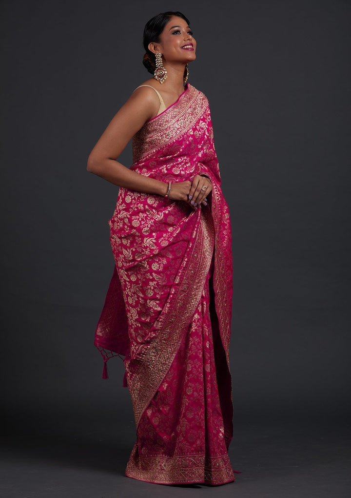 Rani Pink Stonework Semi Crepe Designer Saree - Koskii