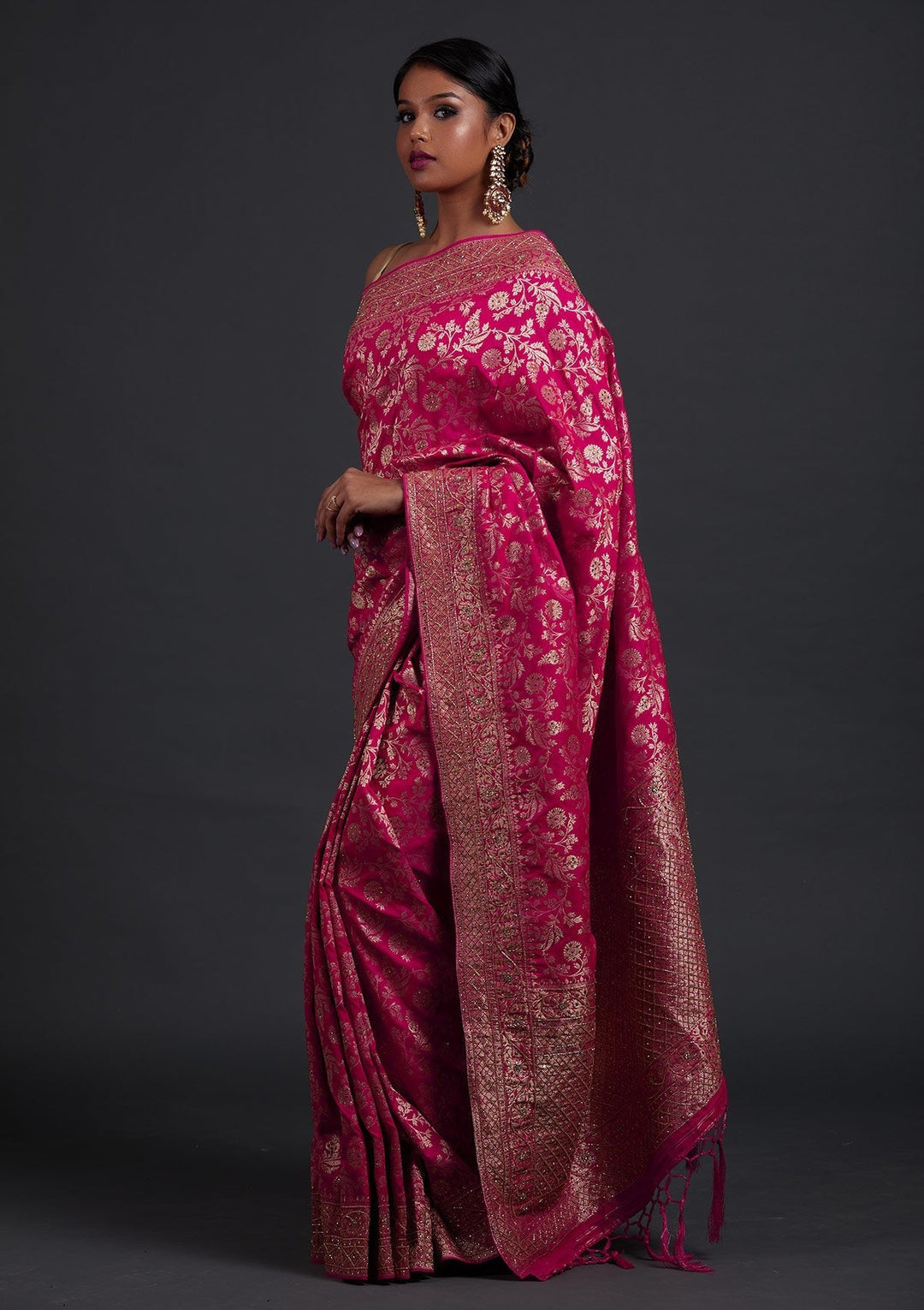 Rani Pink Stonework Semi Crepe Designer Saree - Koskii