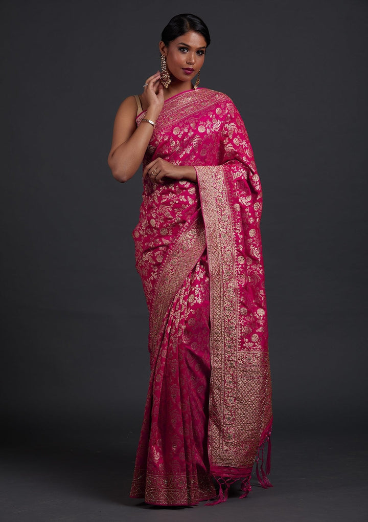 Rani Pink Stonework Semi Crepe Designer Saree - Koskii