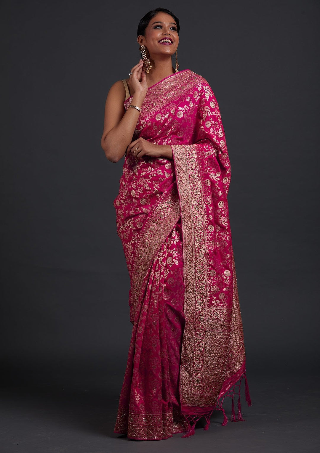 Rani Pink Stonework Semi Crepe Designer Saree - Koskii