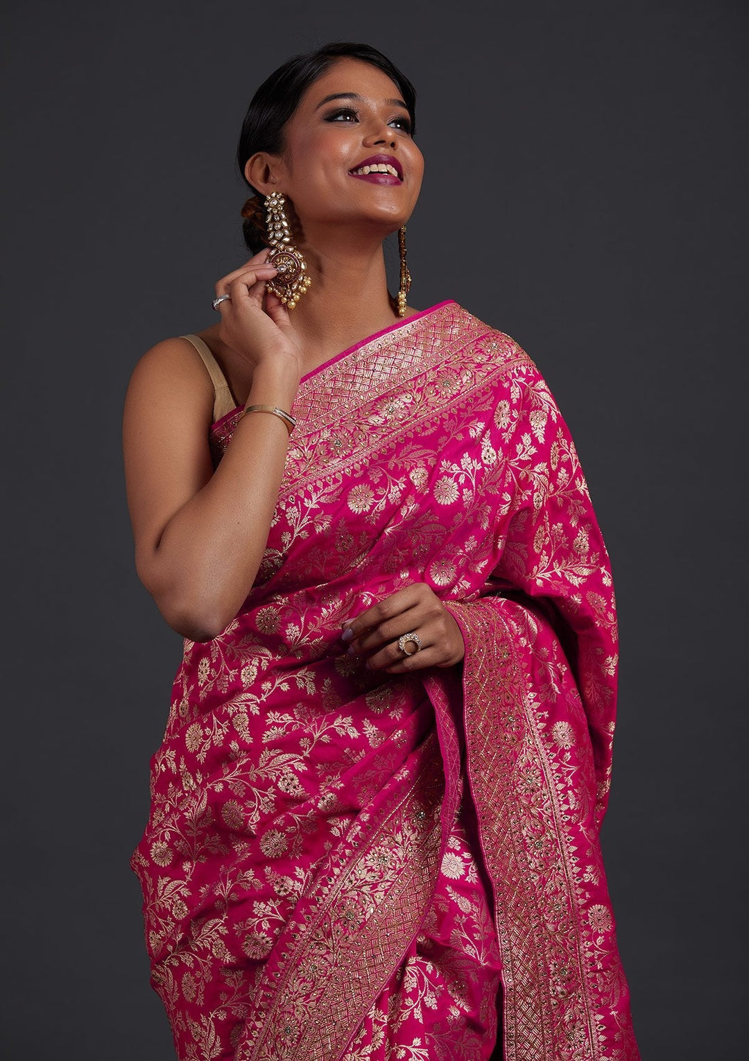 Rani Pink Stonework Semi Crepe Designer Saree - Koskii