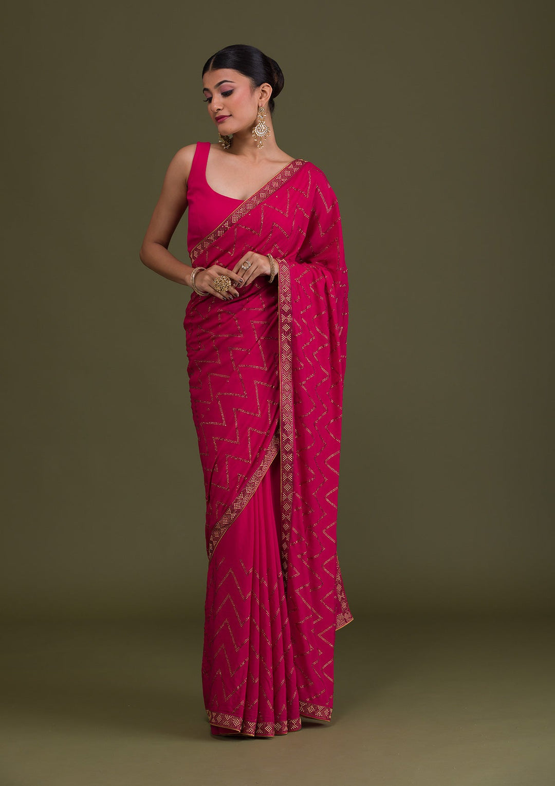 Rani Pink Stonework Semi Crepe Saree-Koskii