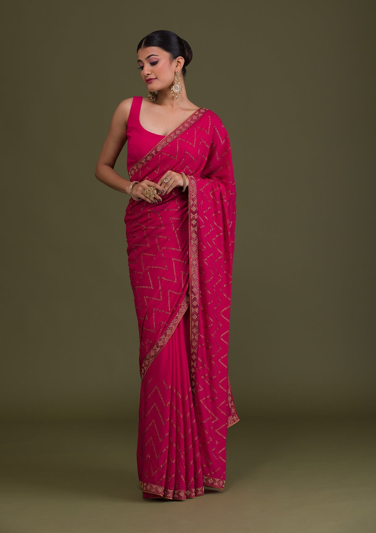 Rani Pink Stonework Semi Crepe Saree-Koskii