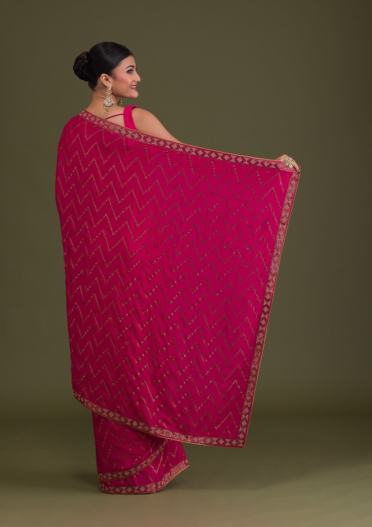 Rani Pink Stonework Semi Crepe Unstitched Saree-Koskii