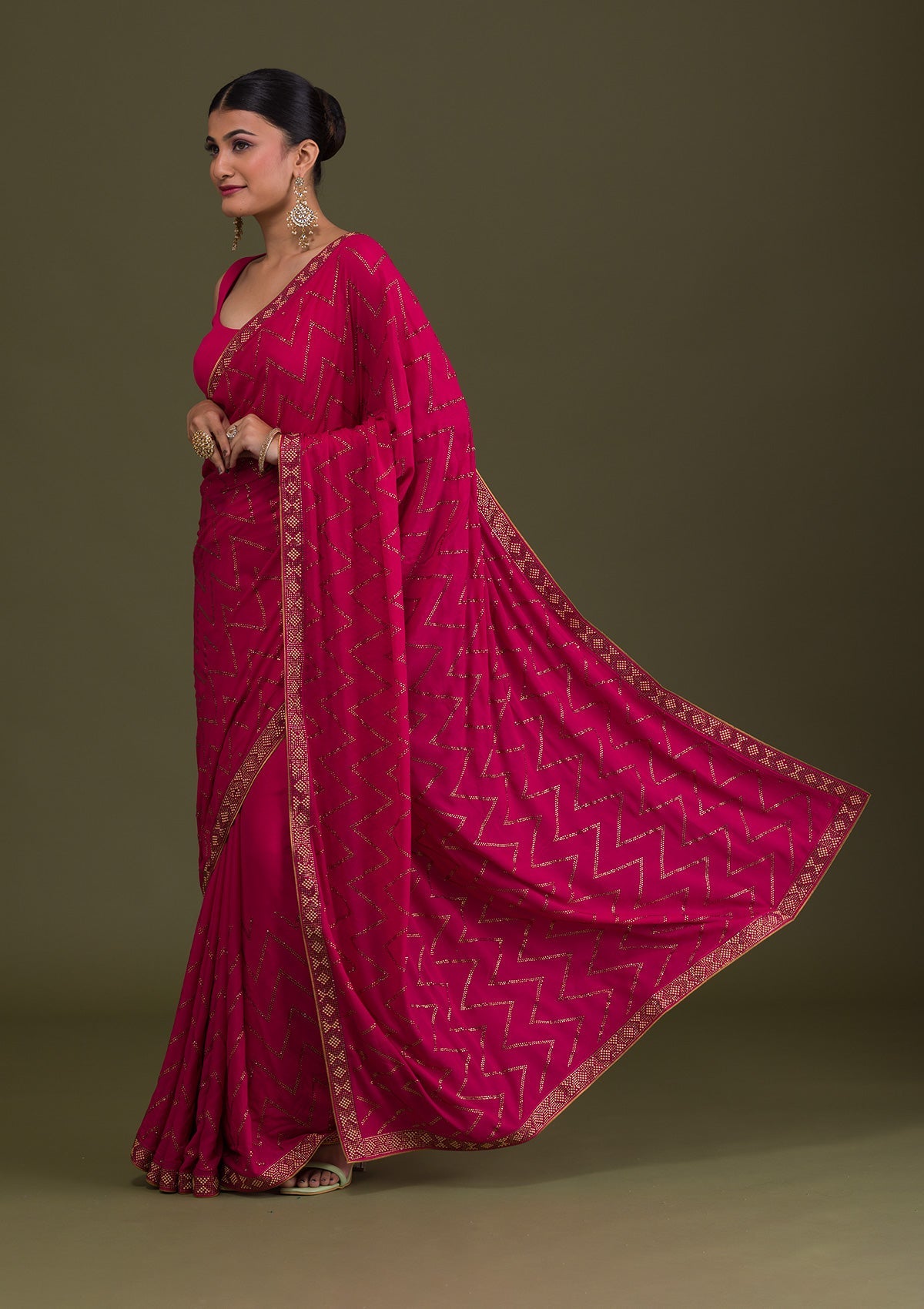 Rani Pink Stonework Semi Crepe Unstitched Saree-Koskii
