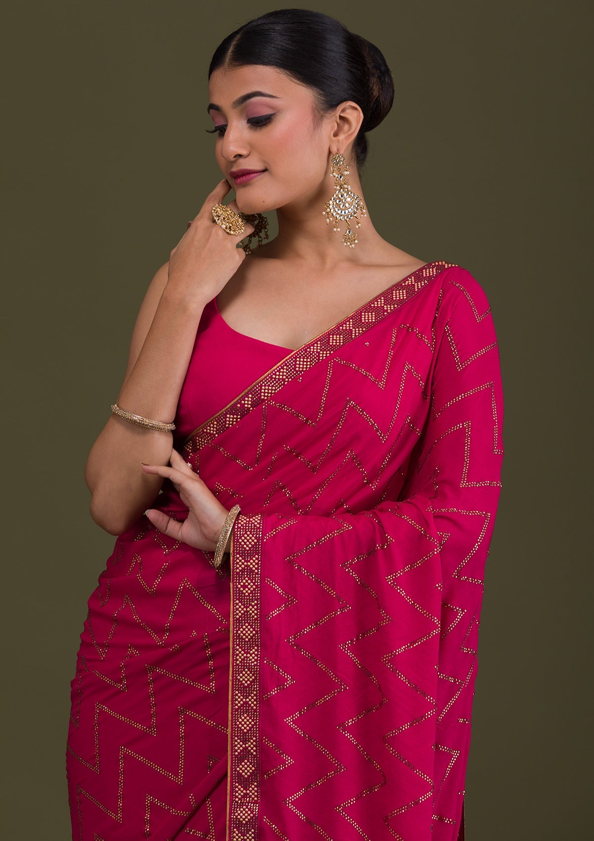 Rani Pink Stonework Semi Crepe Unstitched Saree-Koskii