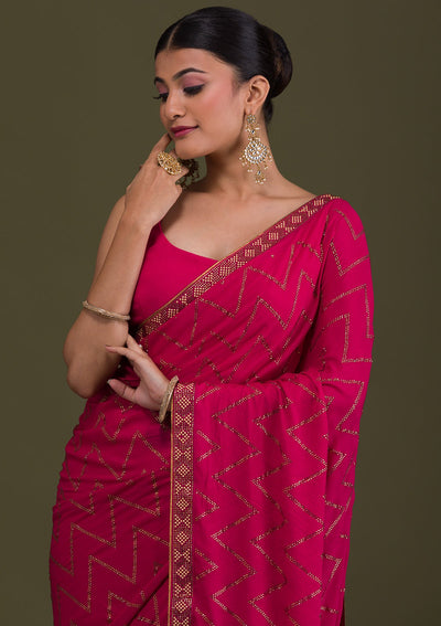 Rani Pink Stonework Semi Crepe Unstitched Saree-Koskii