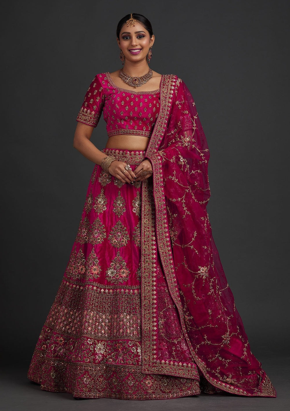 Rani Pink Stonework Velvet Designer Semi-Stitched Lehenga - koskii