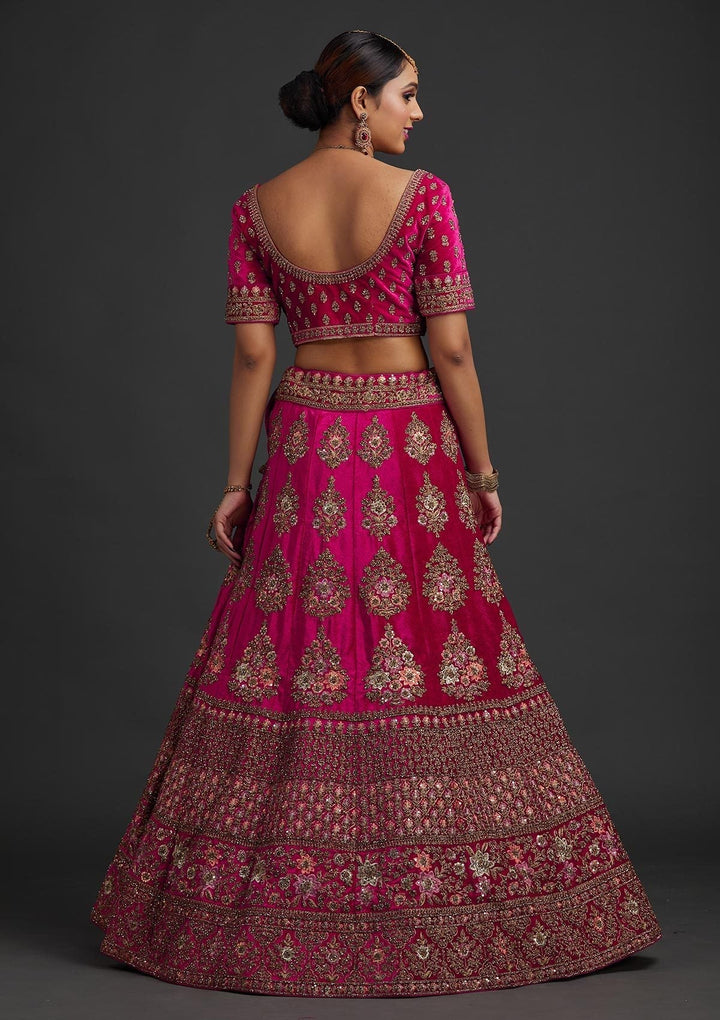 Rani Pink Stonework Velvet Designer Semi-Stitched Lehenga - koskii