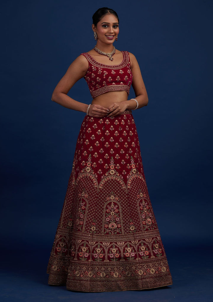 Rani Pink Stonework Velvet Designer Semi-Stitched Lehenga - Koskii