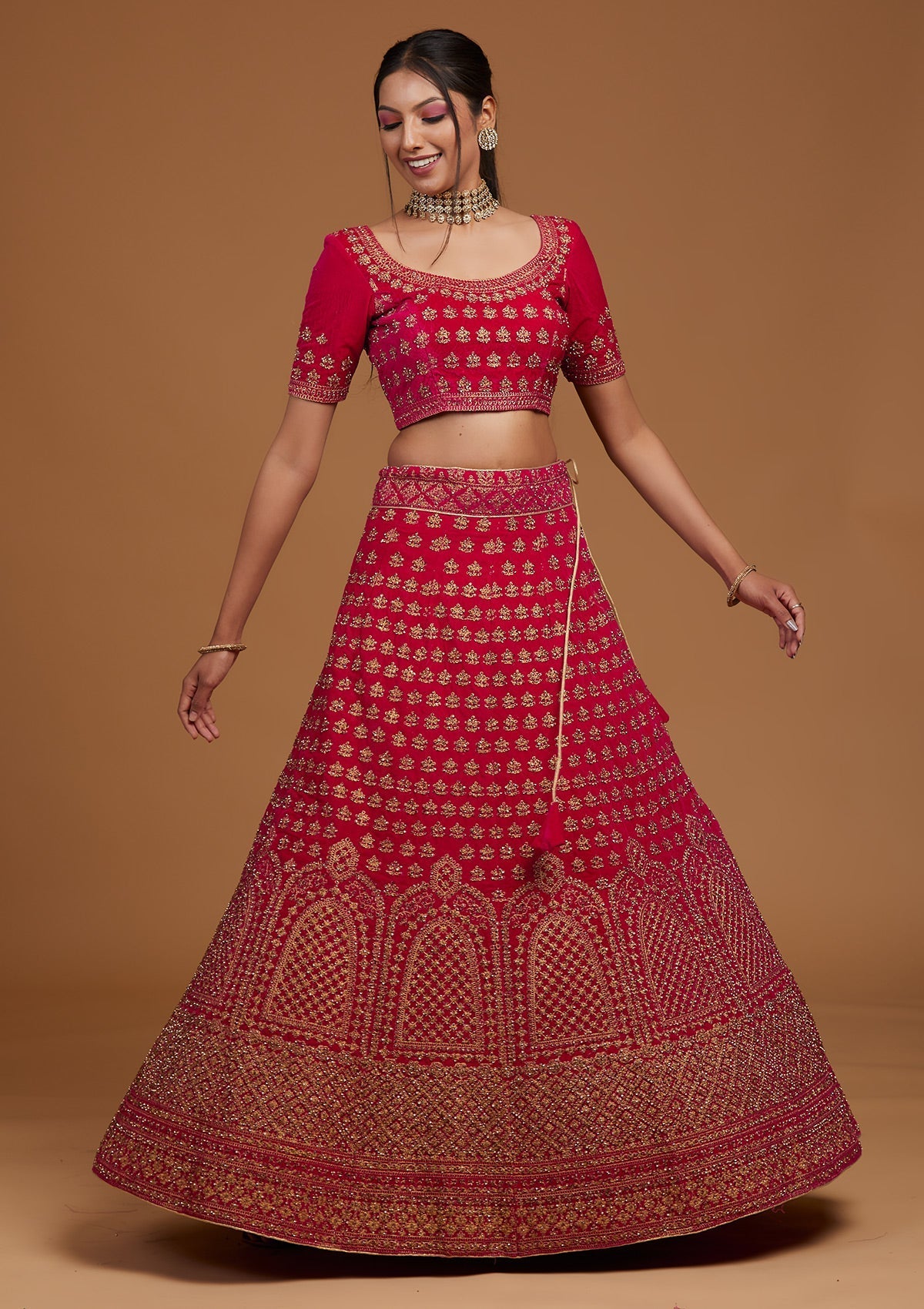 Rani Pink Stonework Velvet Designer Lehenga-Koskii