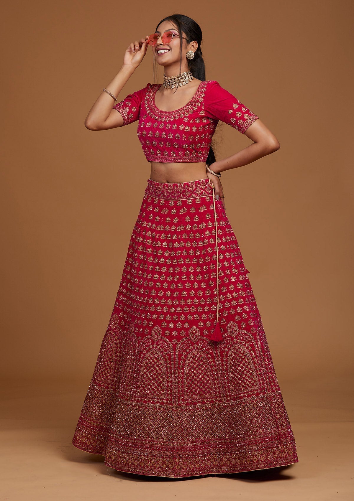 Rani Pink Stonework Velvet Designer Lehenga-Koskii