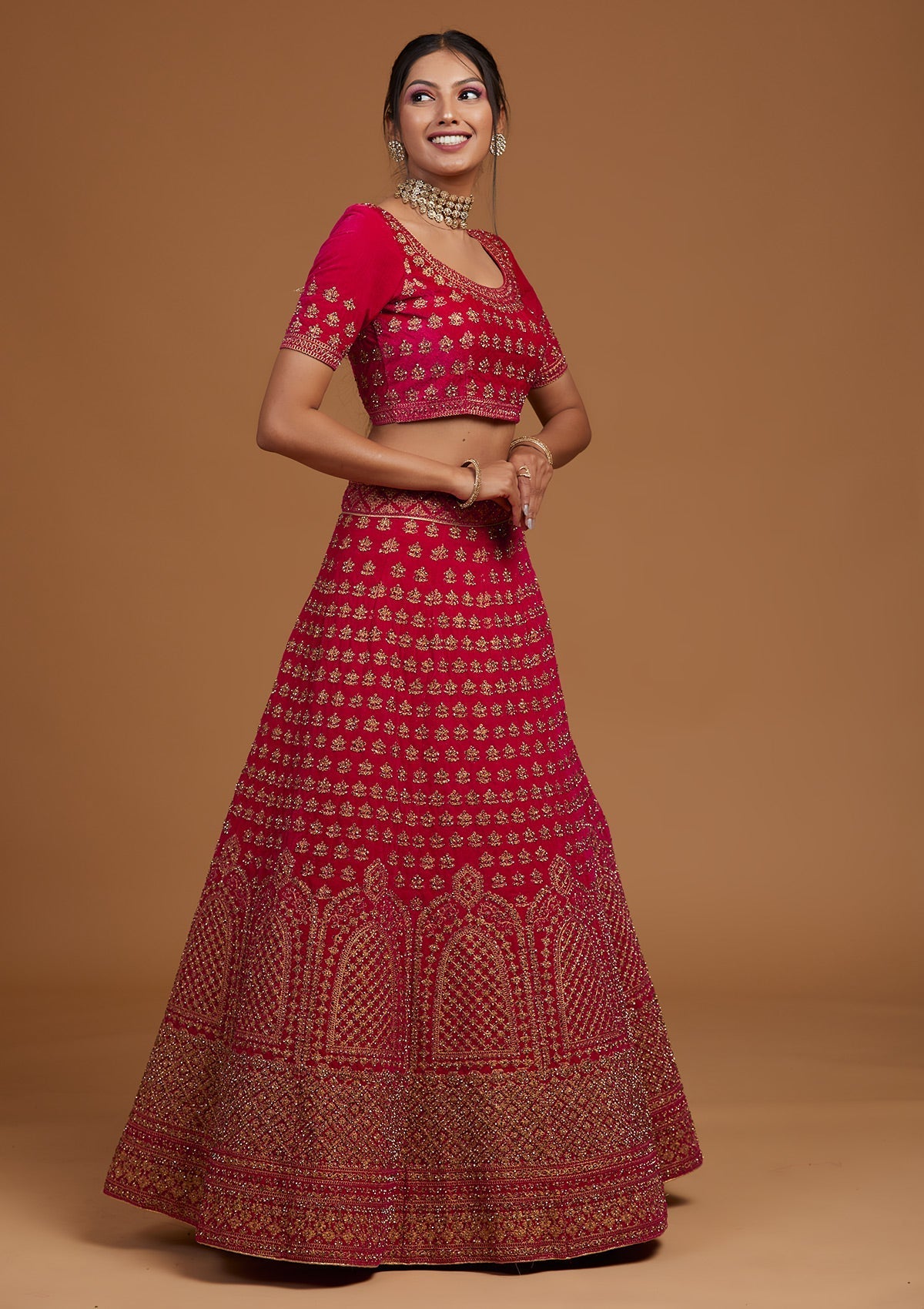 Rani Pink Stonework Velvet Designer Lehenga-Koskii