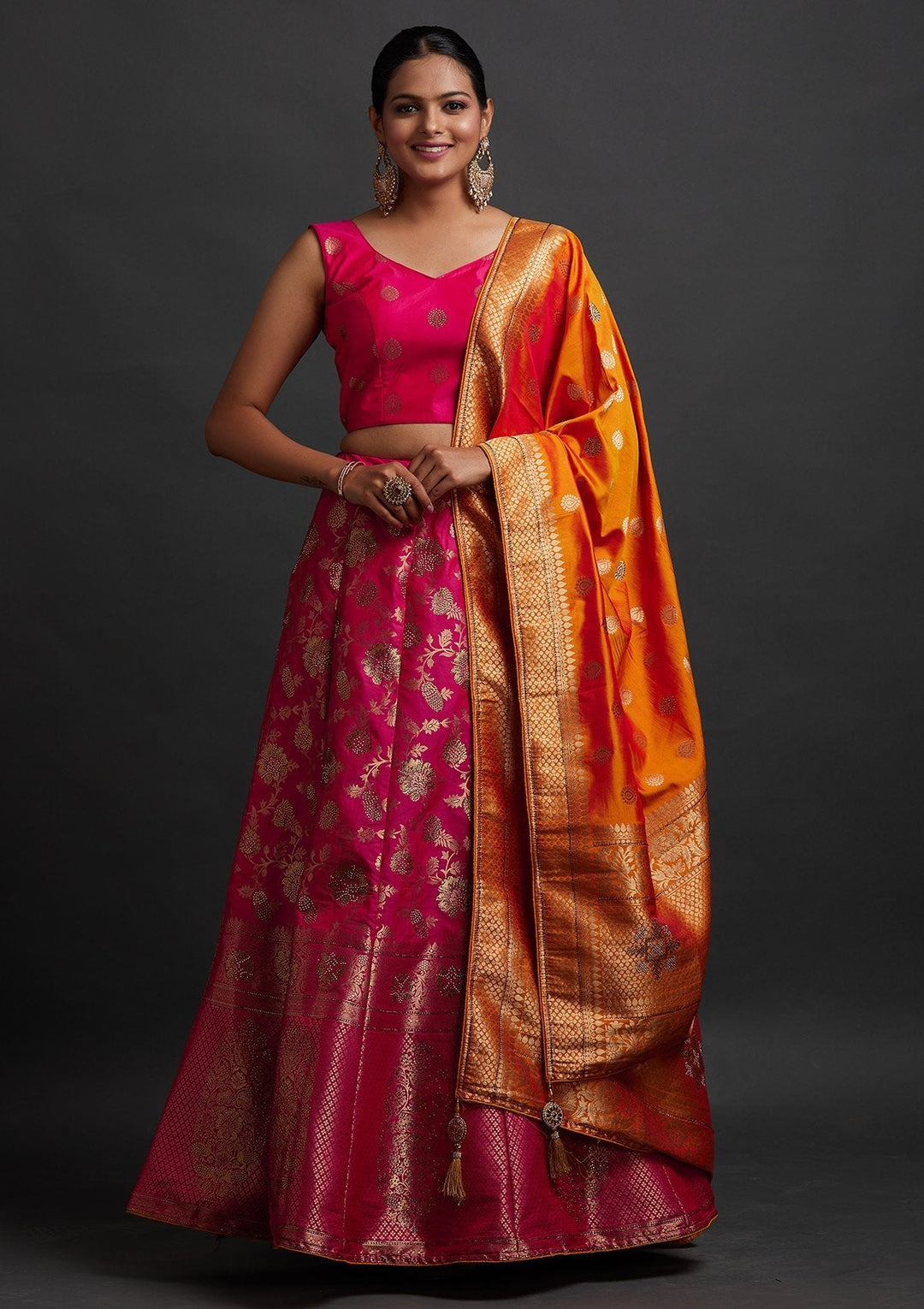 Rani Pink Swarovski Banarasi Designer Semi-Stitched Lehenga - koskii