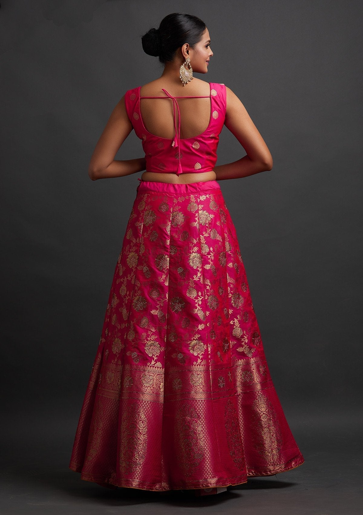 Rani Pink Swarovski Banarasi Designer Semi-Stitched Lehenga - koskii