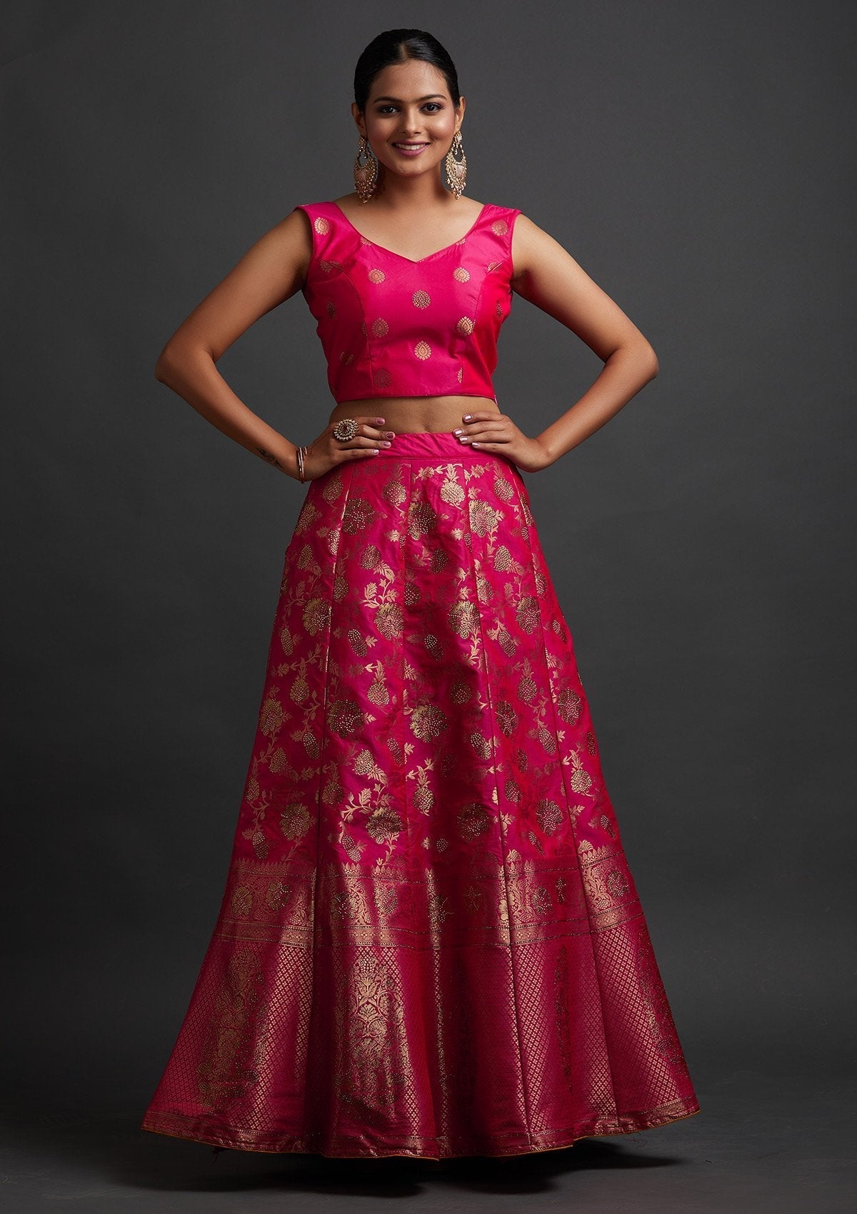 Rani Pink Swarovski Banarasi Designer Semi-Stitched Lehenga - koskii