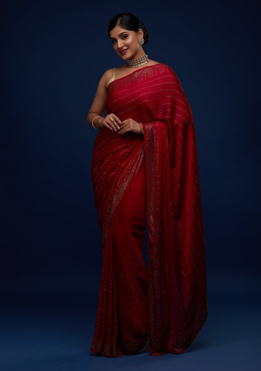 Rani Pink Swarovski Satin Designer Saree - Koskii