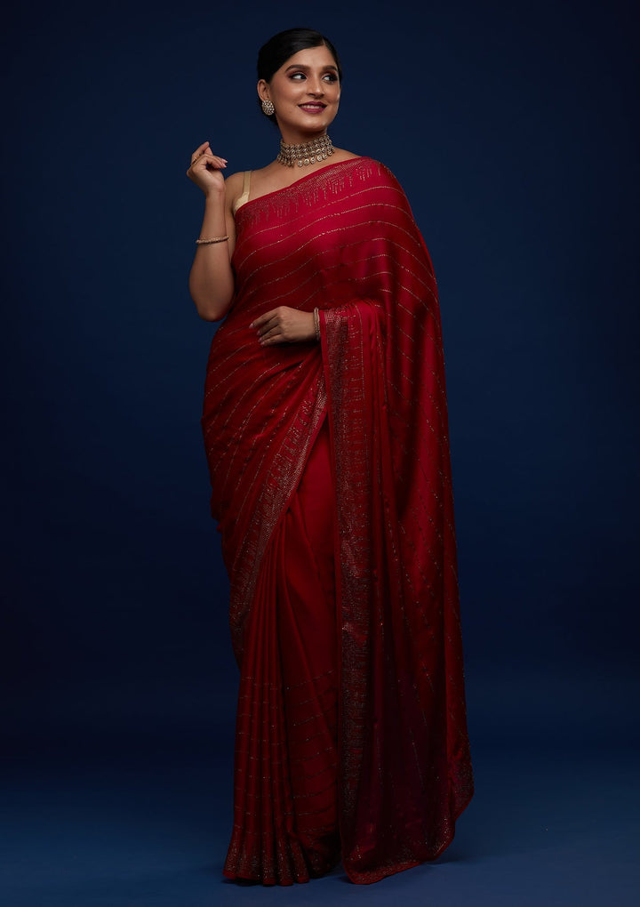 Rani Pink Swarovski Satin Designer Saree - Koskii