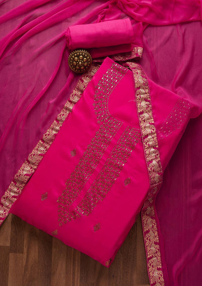 Rani Pink Swarovski Semi Crepe  Unstitched Salwar Suit- Koskii
