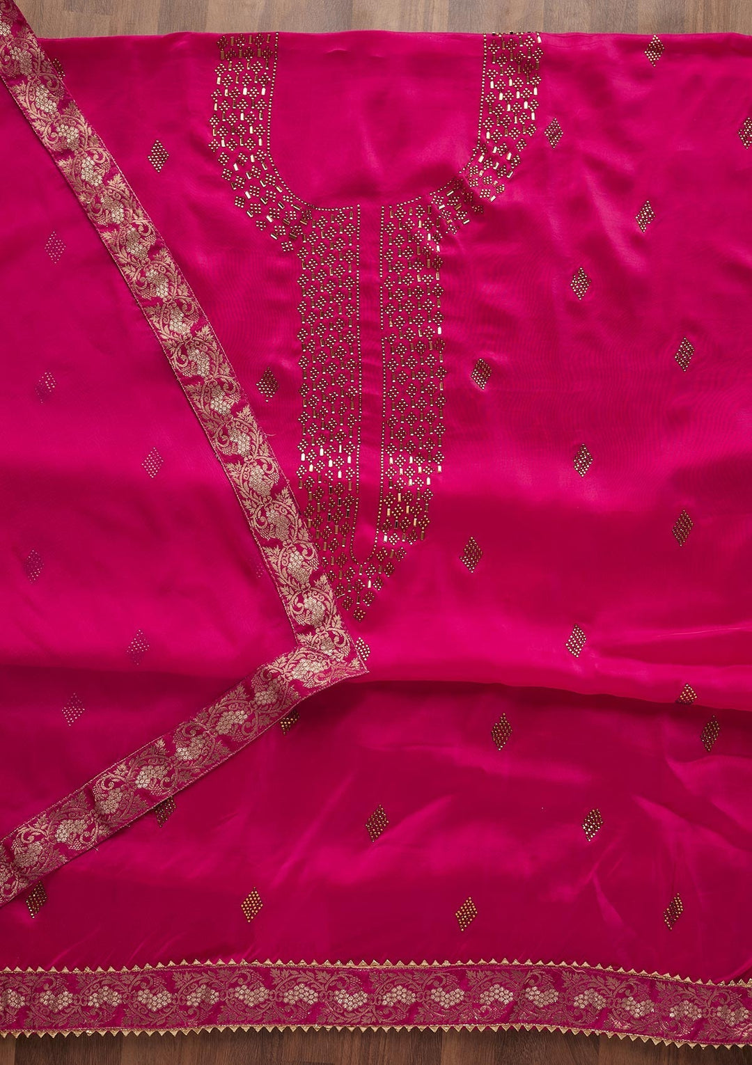 Rani Pink Swarovski Semi Crepe  Unstitched Salwar Suit - Koskii
