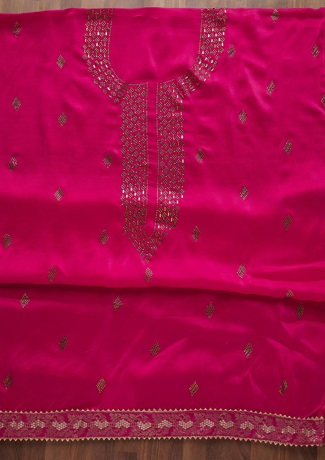 Rani Pink Swarovski Semi Crepe  Unstitched Salwar Suit - Koskii