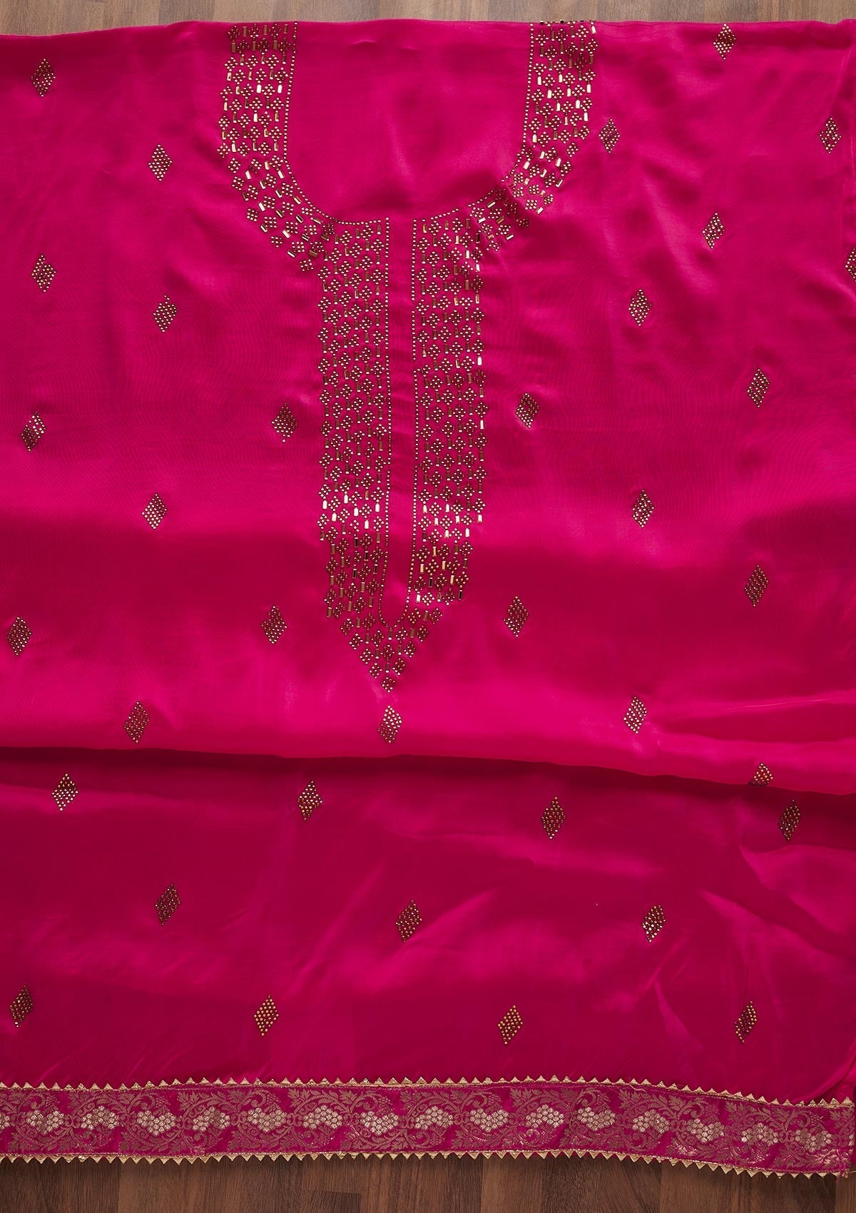 Rani Pink Swarovski Semi Crepe  Unstitched Salwar Suit - Koskii