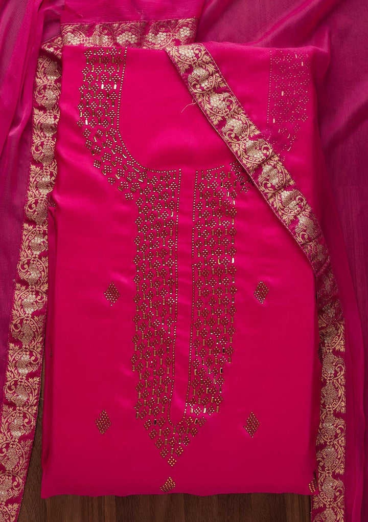 Rani Pink Swarovski Semi Crepe  Unstitched Salwar Suit - Koskii