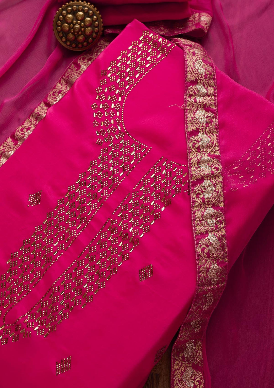Rani Pink Swarovski Semi Crepe  Unstitched Salwar Suit - Koskii