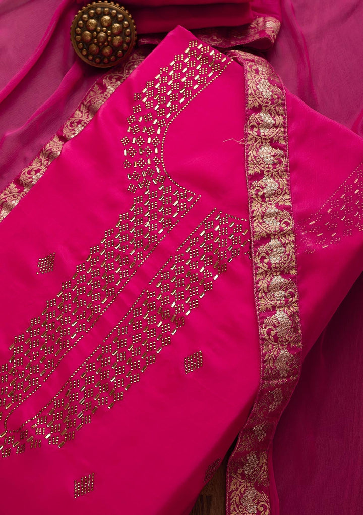 Rani Pink Swarovski Semi Crepe  Unstitched Salwar Suit - Koskii