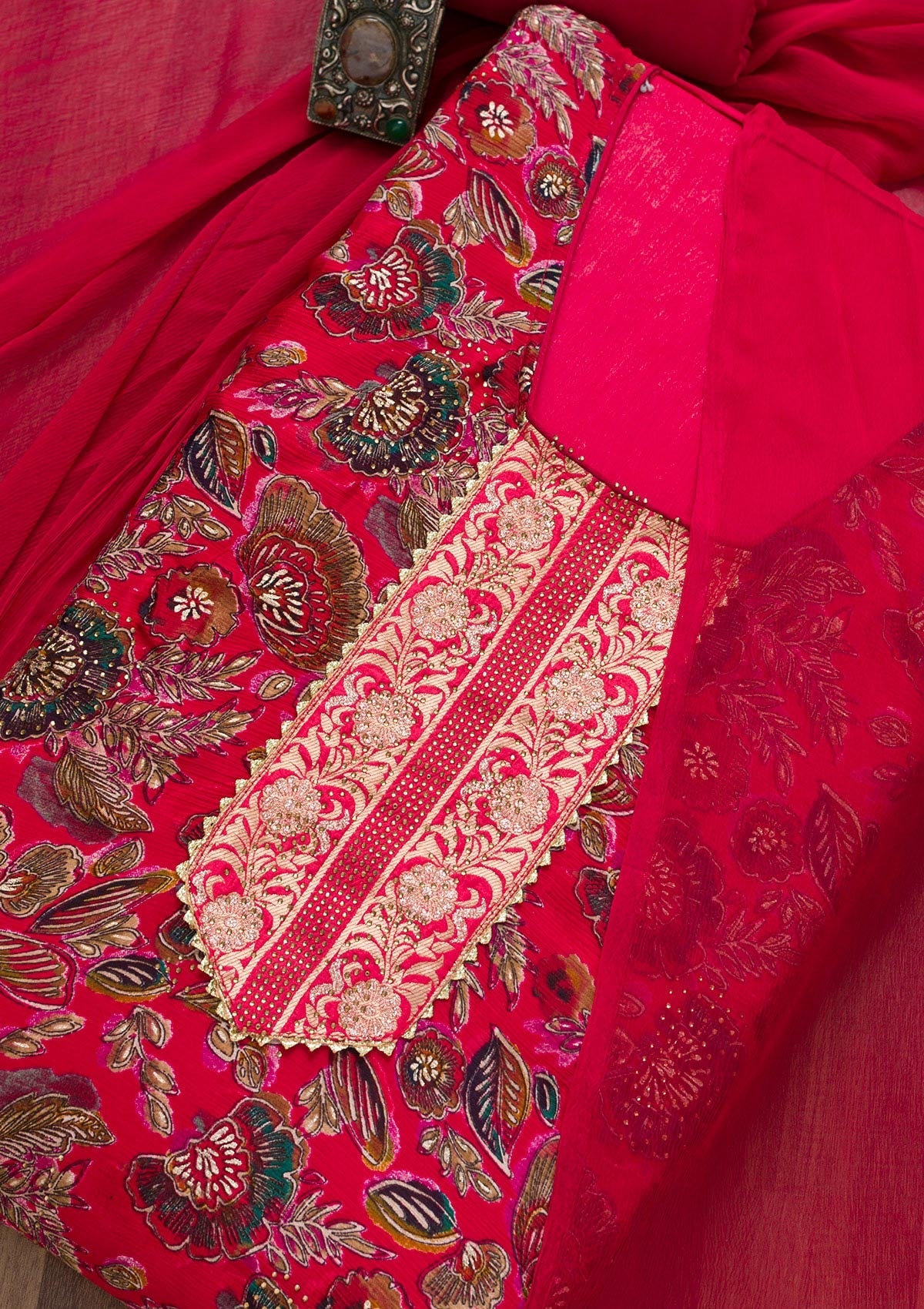 Rani Pink Semi Crepe Swarovski Unstitched Salwar Suit-koskii