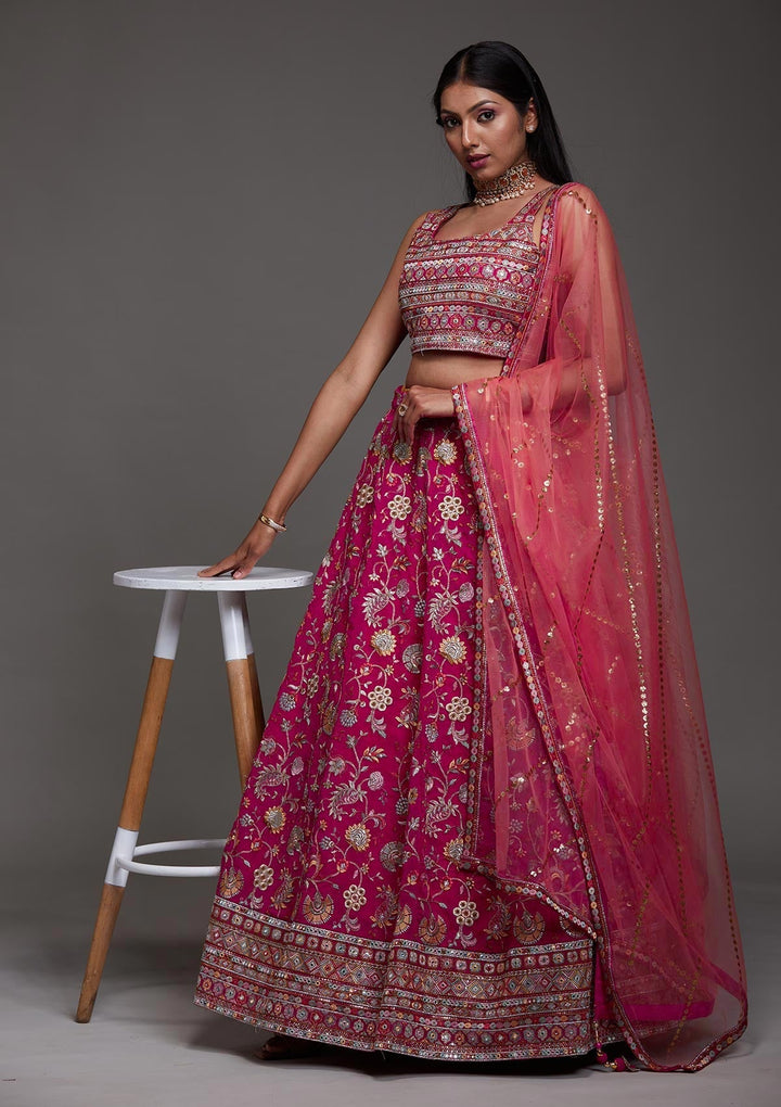 Rani Pink Threadwork Georgette Designer Lehenga-Koskii