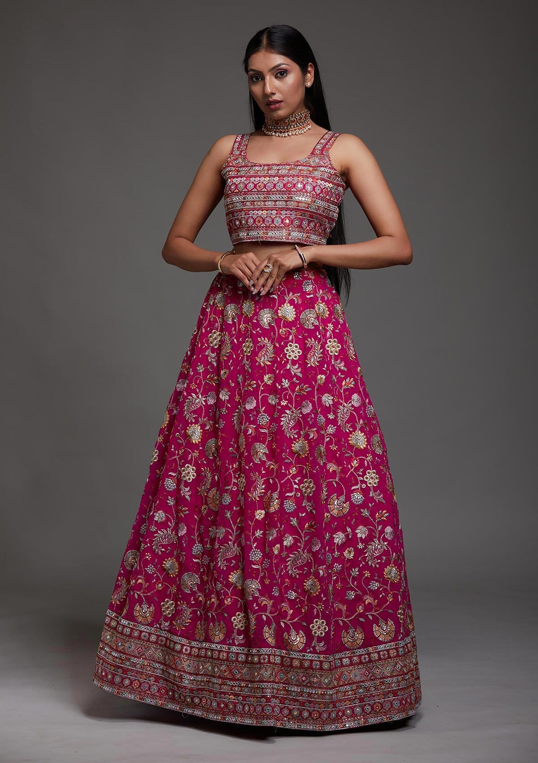 Rani Pink Threadwork Georgette Designer Lehenga-Koskii