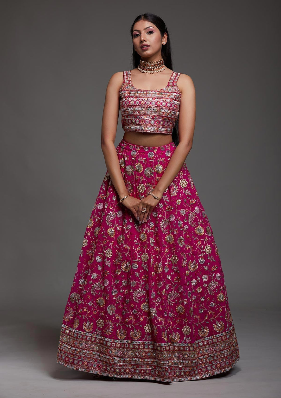Rani Pink Threadwork Georgette Designer Lehenga-Koskii
