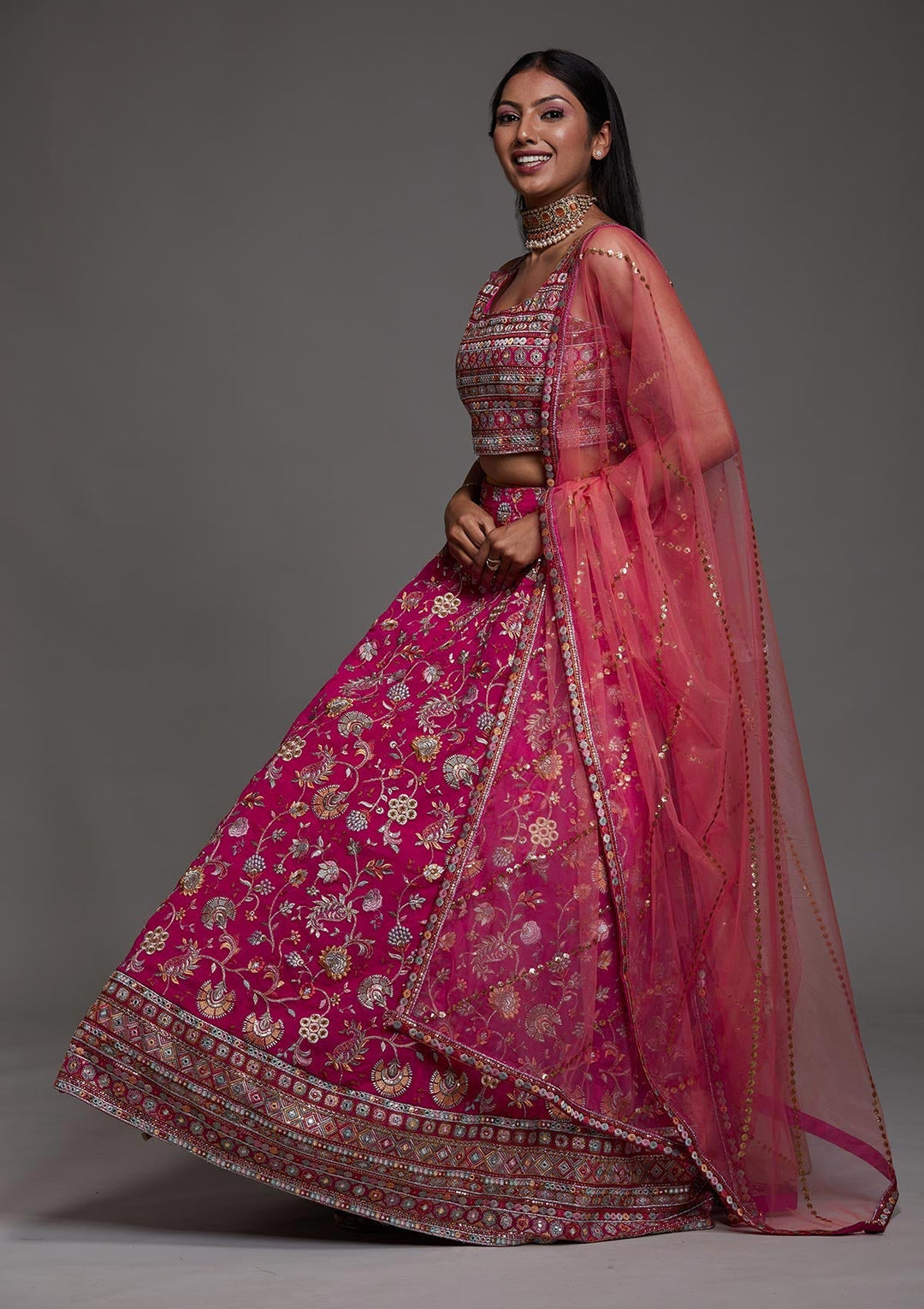 Rani Pink Threadwork Georgette Designer Lehenga-Koskii