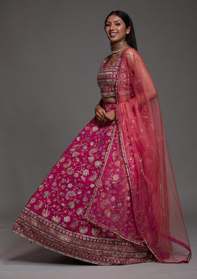 Rani Pink Threadwork Georgette Designer Lehenga-Koskii