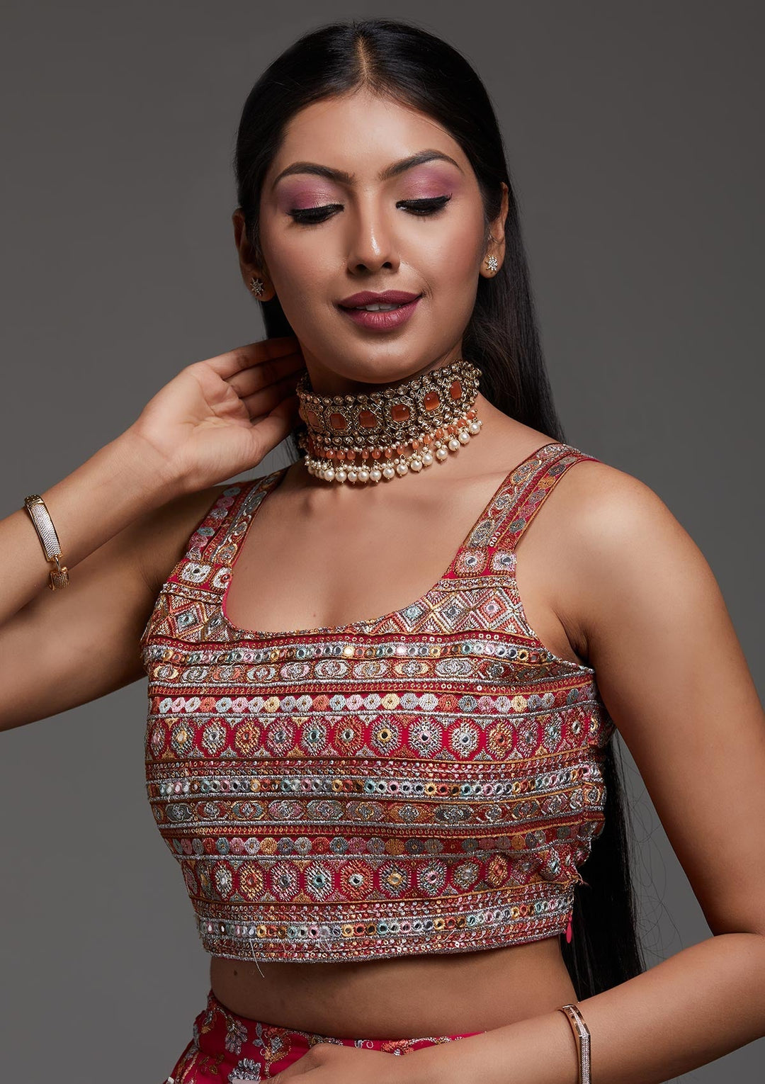 Rani Pink Threadwork Georgette Designer Lehenga-Koskii