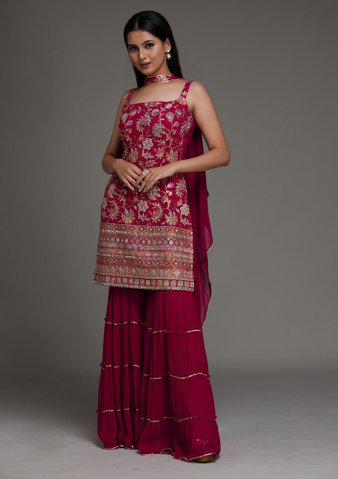 Rani Pink Threadwork Georgette Designer Salwar Suit - Koskii