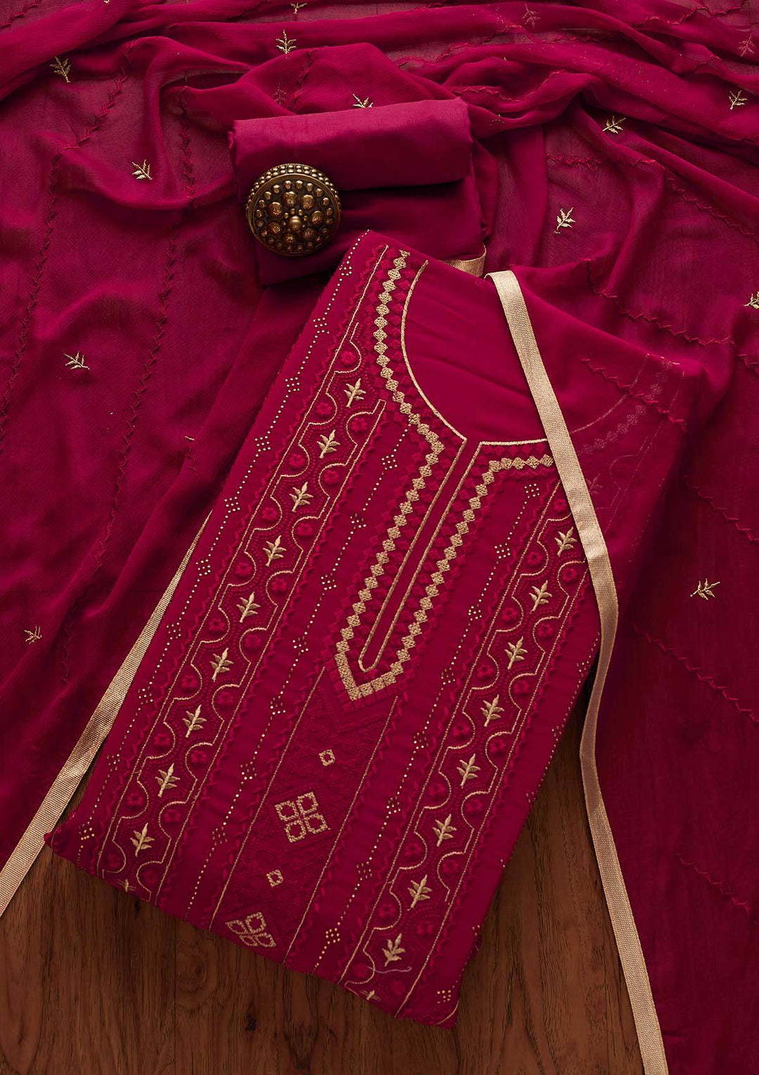 Rani Pink Threadwork Georgette Designer Unstitched Salwar Suit - Koskii