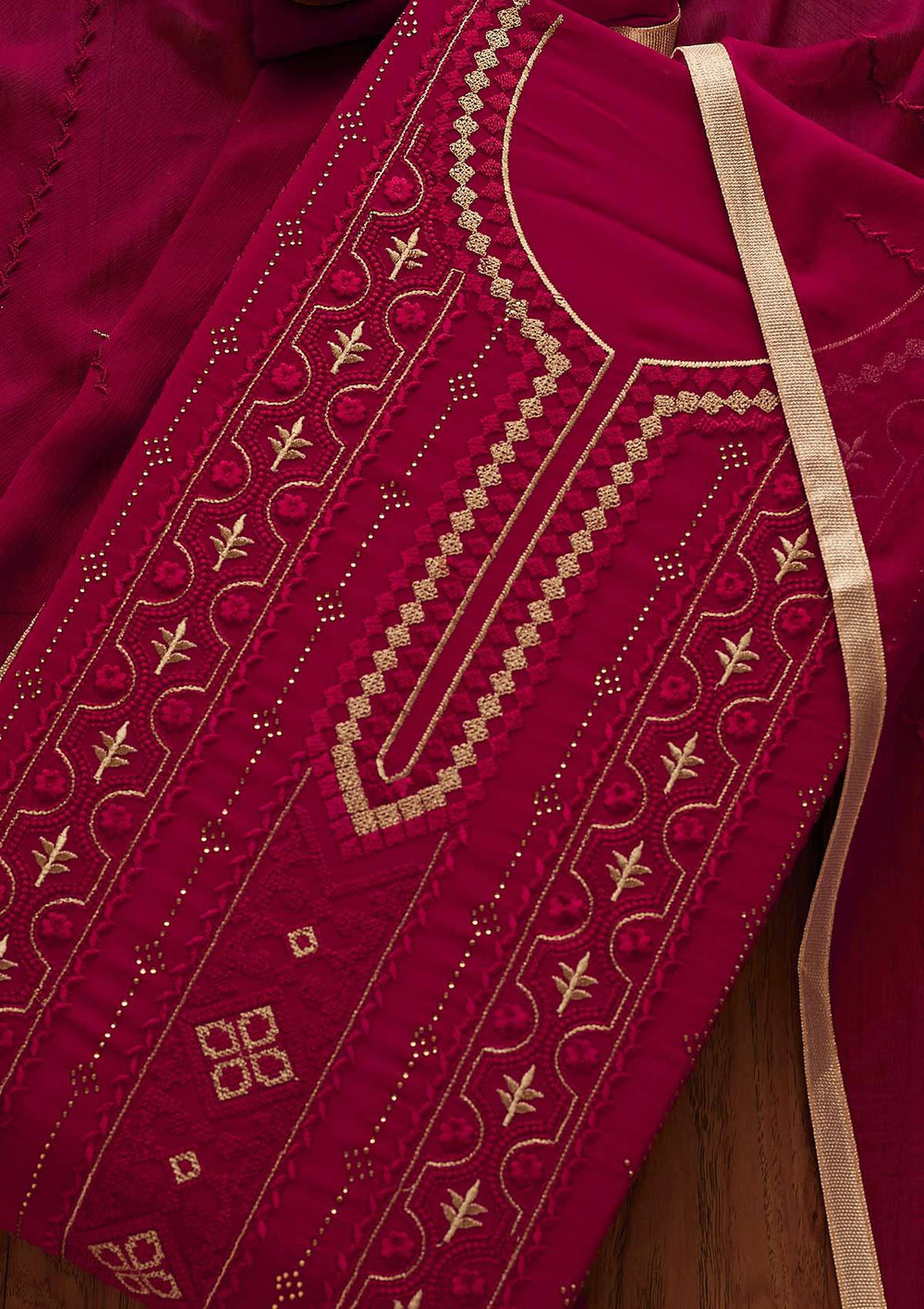 Rani Pink Threadwork Georgette Designer Unstitched Salwar Suit - Koskii