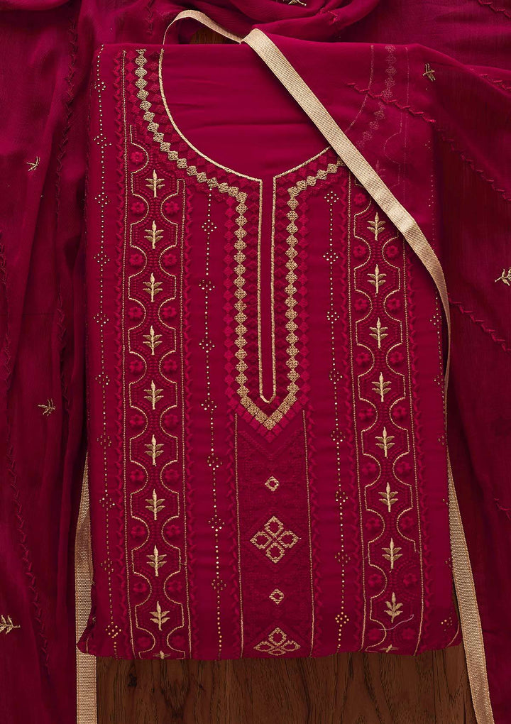 Rani Pink Threadwork Georgette Designer Unstitched Salwar Suit - Koskii