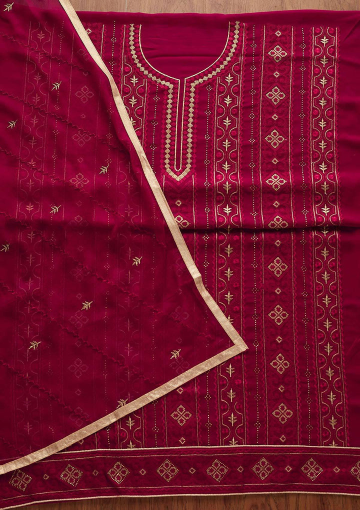 Rani Pink Threadwork Georgette Designer Unstitched Salwar Suit - Koskii