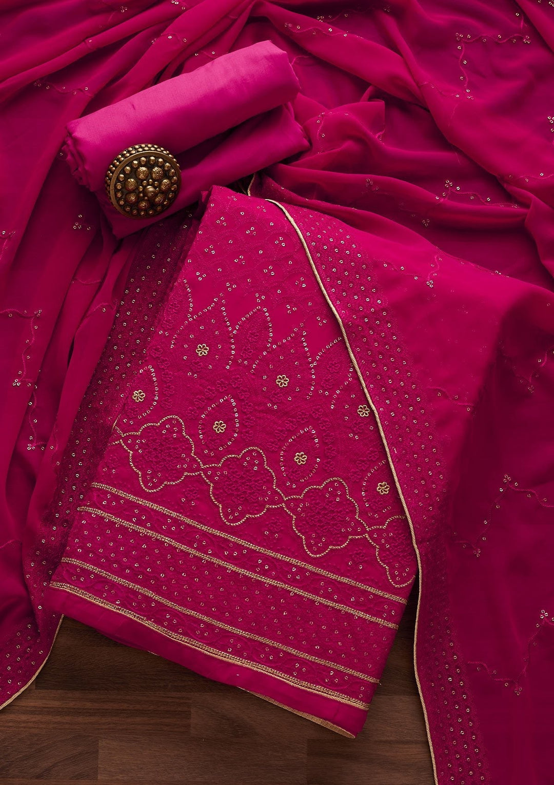 Rani Pink Threadwork Georgette Designer Unstitched Salwar Suit - Koskii