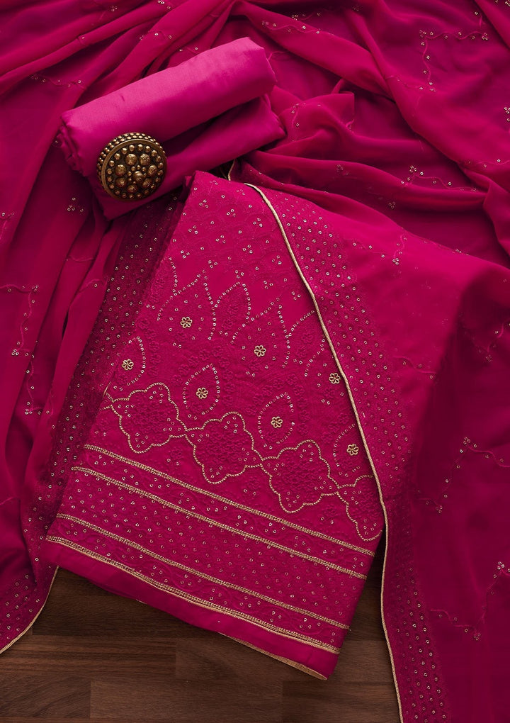 Rani Pink Threadwork Georgette Designer Unstitched Salwar Suit - Koskii