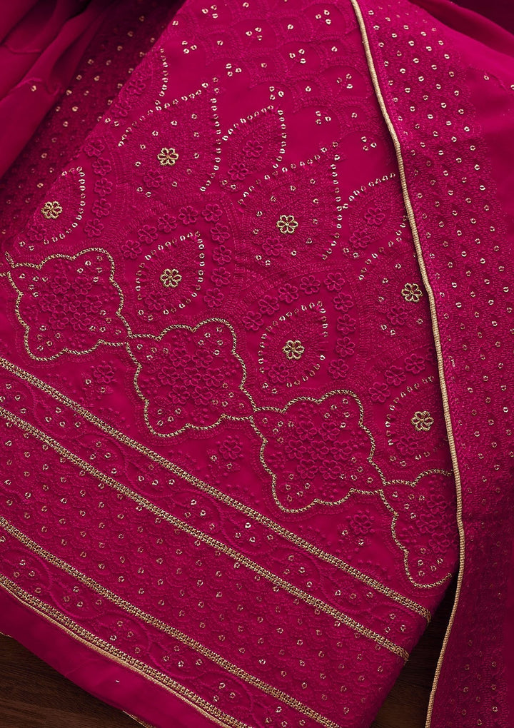 Rani Pink Threadwork Georgette Designer Unstitched Salwar Suit - Koskii