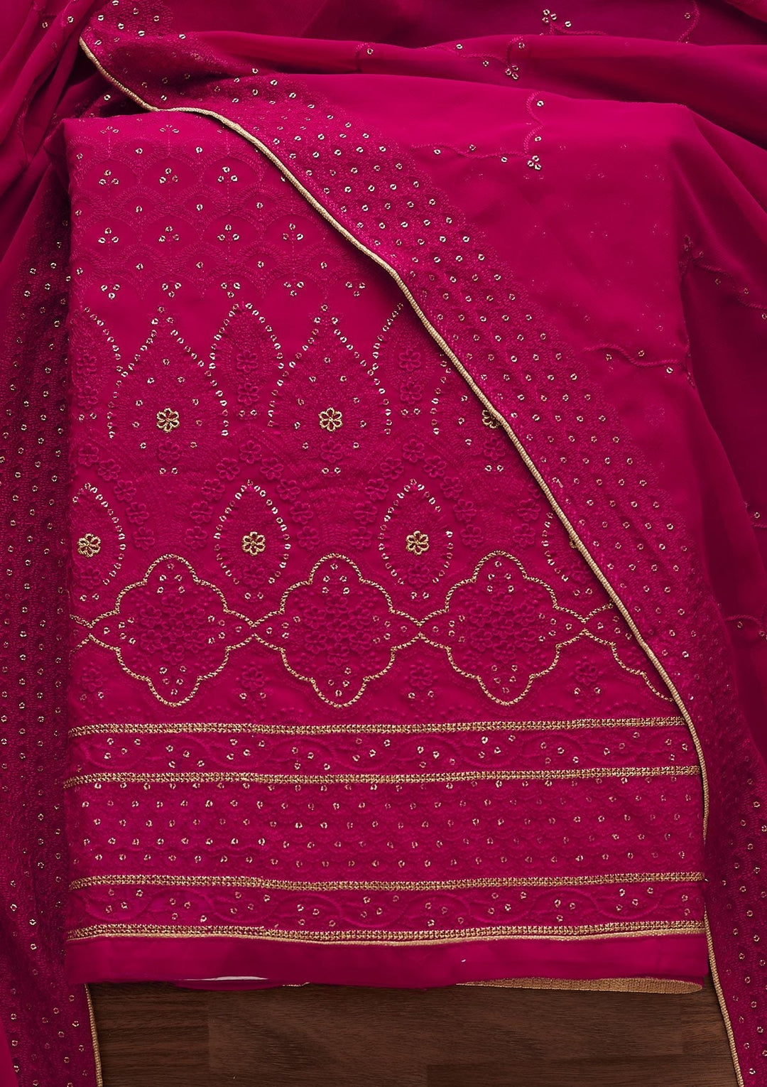 Rani Pink Threadwork Georgette Designer Unstitched Salwar Suit - Koskii