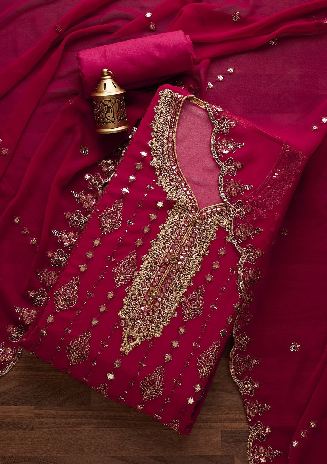 Rani Pink Threadwork Georgette Designer Unstitched Salwar Suit - Koskii