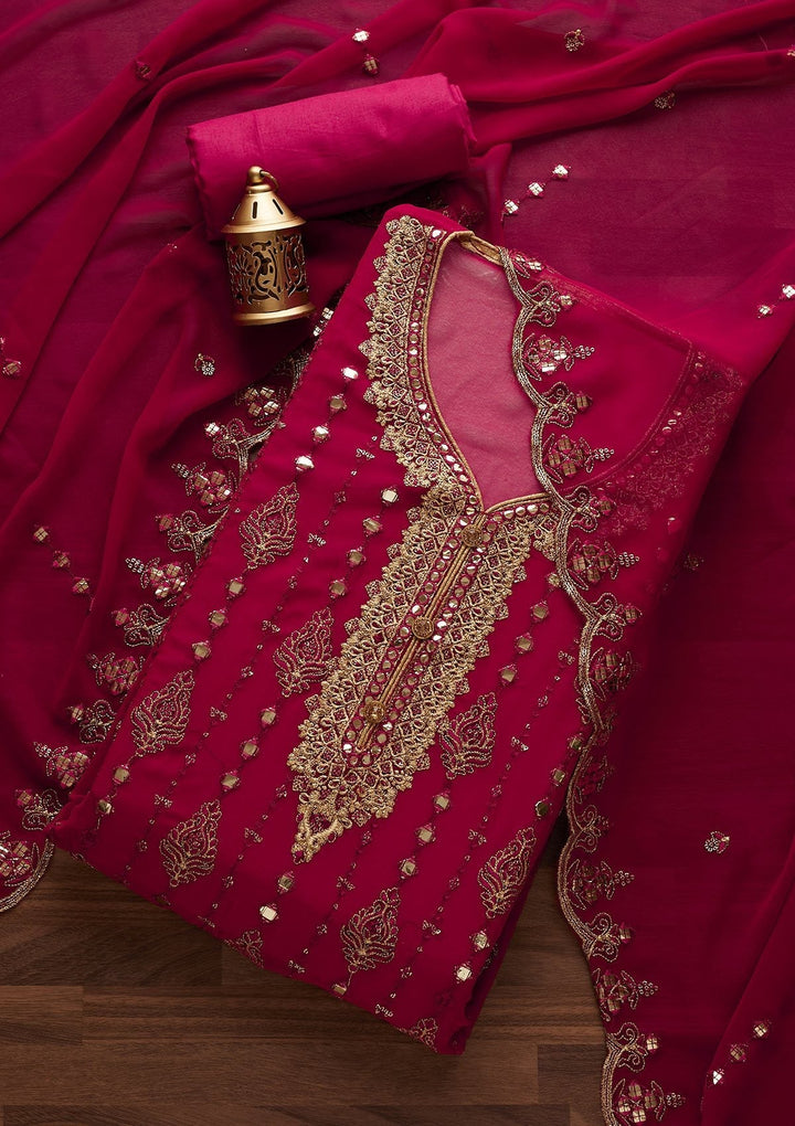 Rani Pink Threadwork Georgette Designer Unstitched Salwar Suit - Koskii