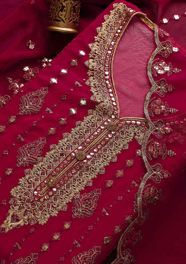 Rani Pink Threadwork Georgette Designer Unstitched Salwar Suit - Koskii