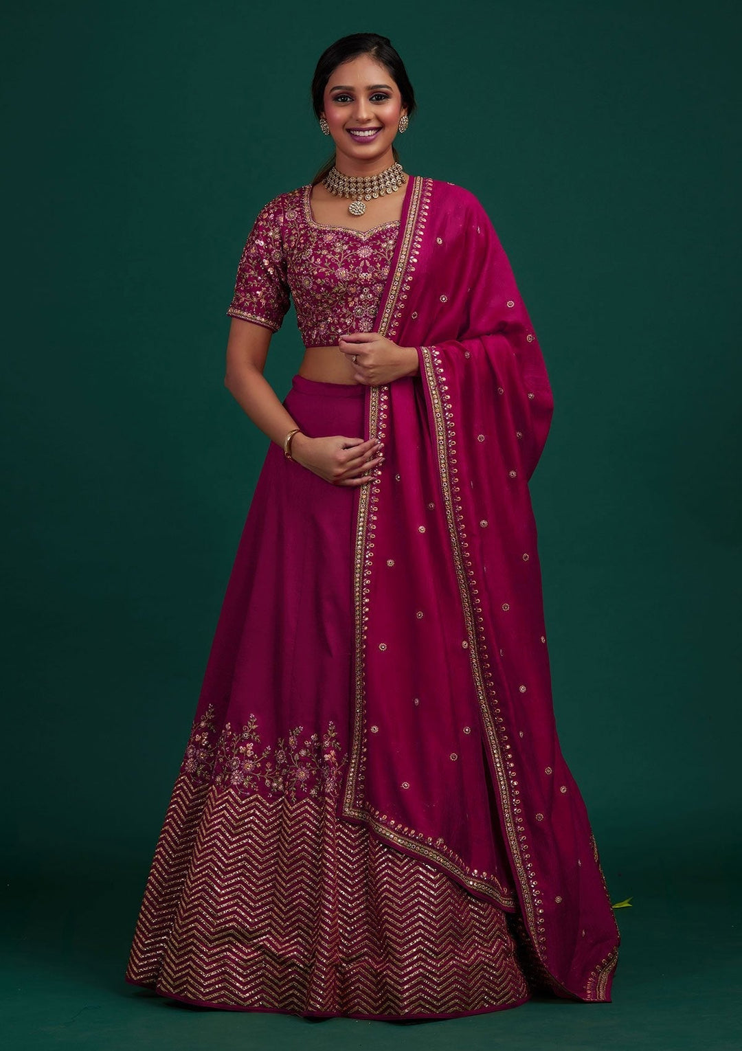 Rani Pink Threadwork Raw Silk Designer Lehenga - Koskii